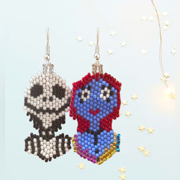 Handcrafted Jack & Sally Bead Earrings Nightmare Before Christmas Holiday Charm - Picture 2 of 4